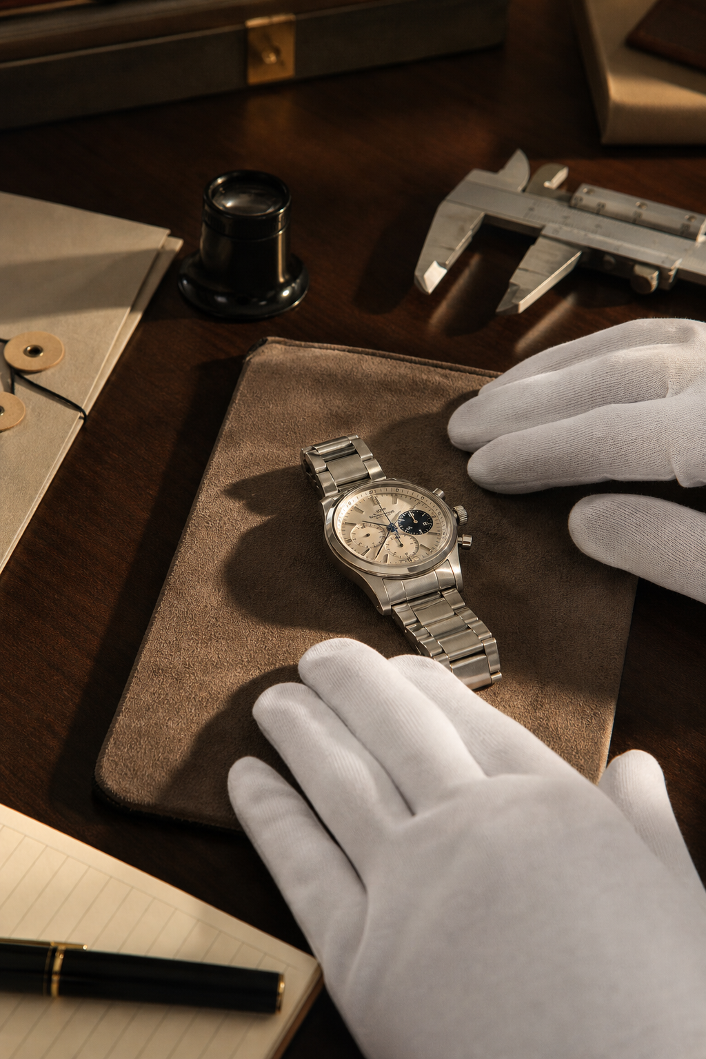 Watch appraisal desk with gloves and measuring tools