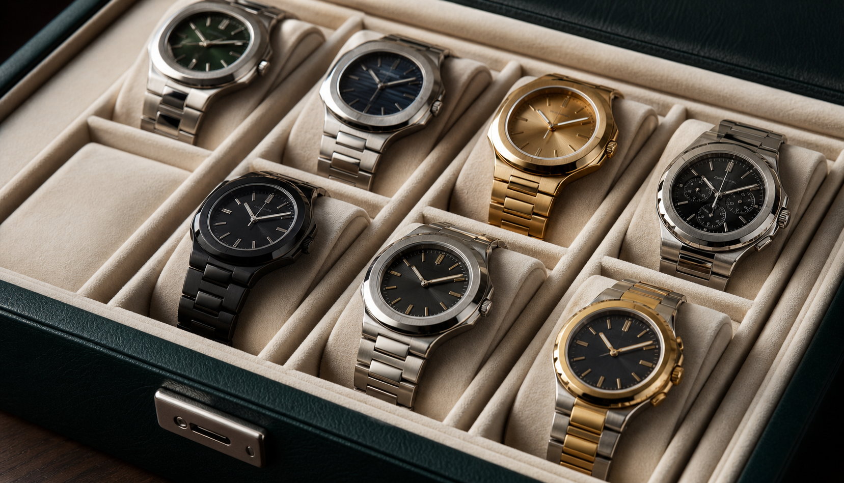Collection of generic luxury watches in a tray